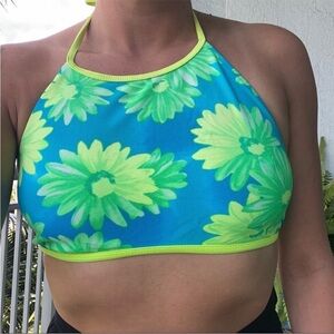 Y2K Green Blue Floral Halter Swimsuit Top